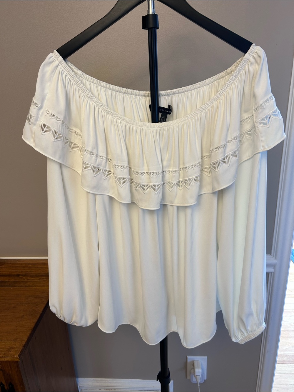 White House Black Market Cream Off-Shoulder Ruffle Blouse